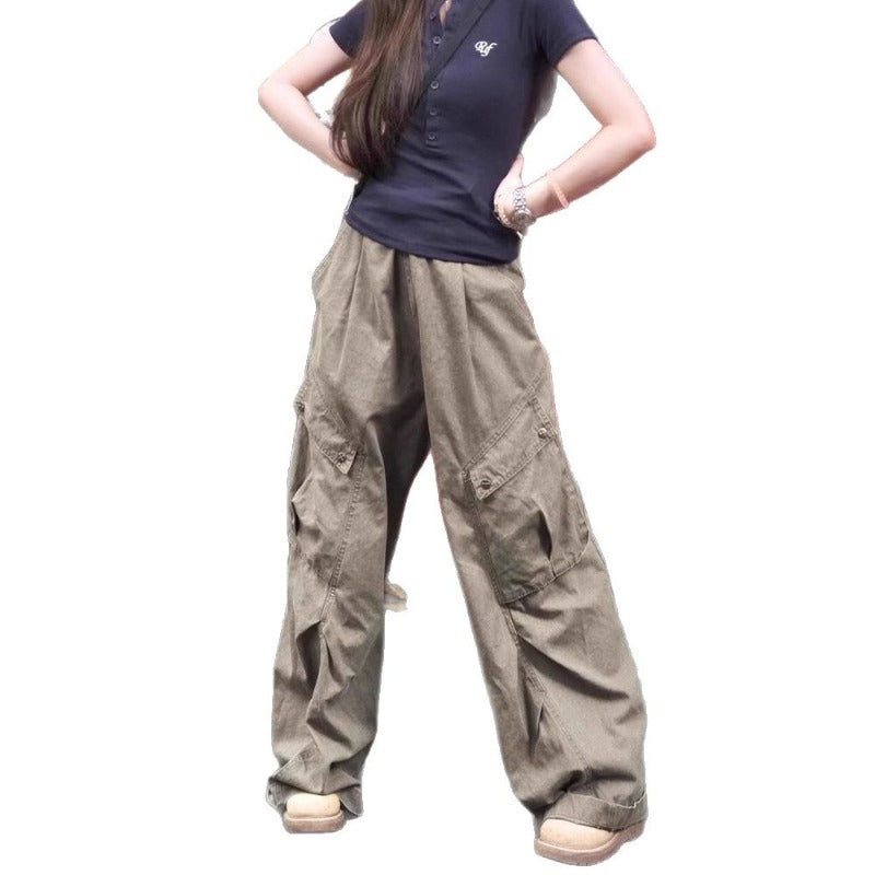 American hip-hop wide-leg overalls jeans women's pleated high-waisted loose straight mopping denim overalls