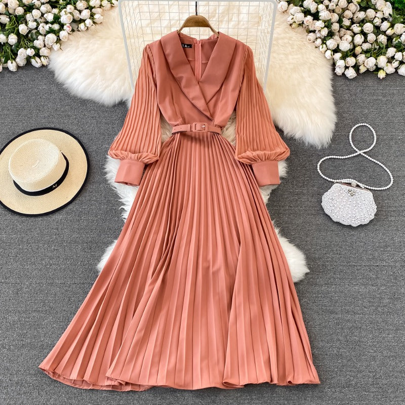 Spring French retro suit collar strap waist thin pleated dress commuter fashion high waist big swing dress