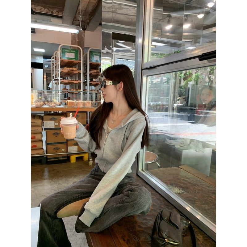 Grey hooded sweater jacket women's early spring 2025 new zipper cardigan short top