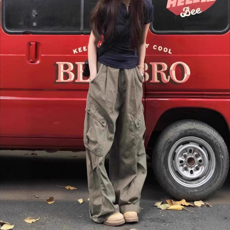 American hip-hop wide-leg overalls jeans women's pleated high-waisted loose straight mopping denim overalls