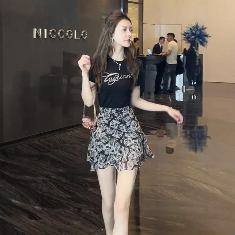 Foreign style high waist and thin ruffle edge floral skirt women's summer new retro French temperament versatile skirt