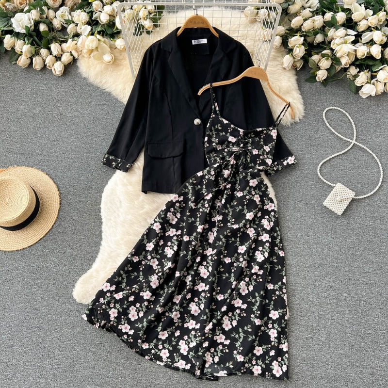 French high-end loose, sweet and salt suit women's long-sleeved suit jacket + floral fairy suspender dress