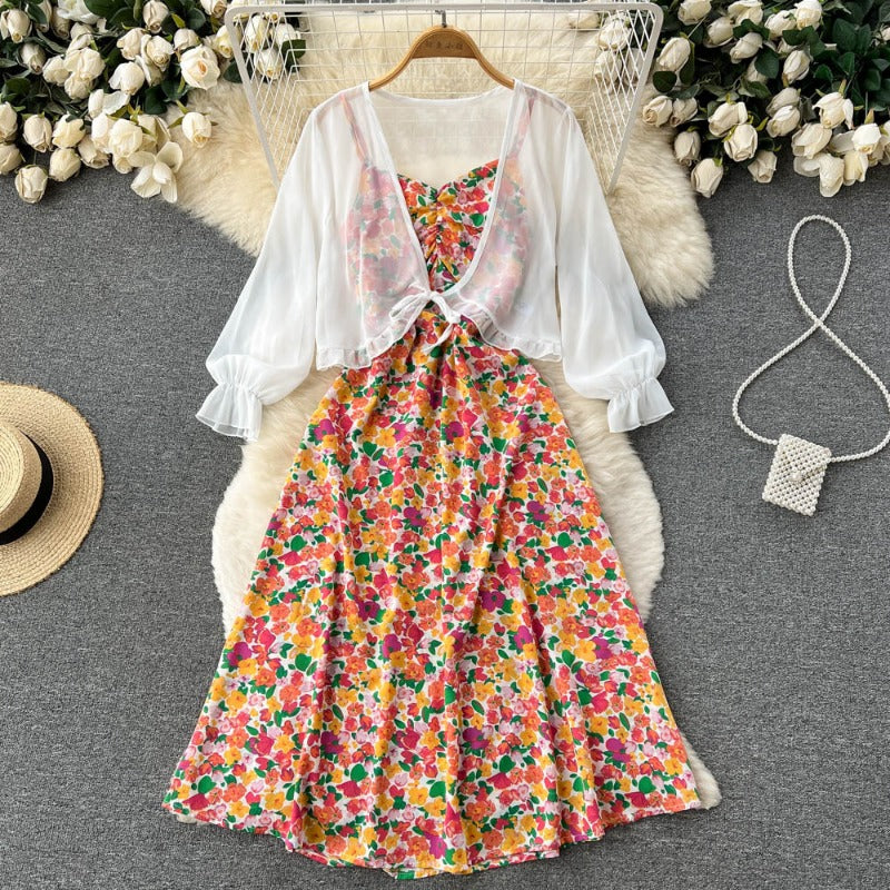 French retro age-reducing bell-covering and thin floral suspender dress chiffon shawl jacket sweet temperament two-piece set