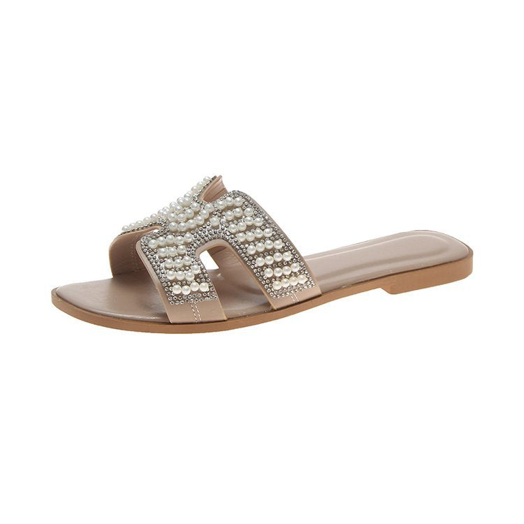 2025 summer new women's slippers flat-bottomed casual sandals pearl women's tide slippers Internet celebrity outer sandals