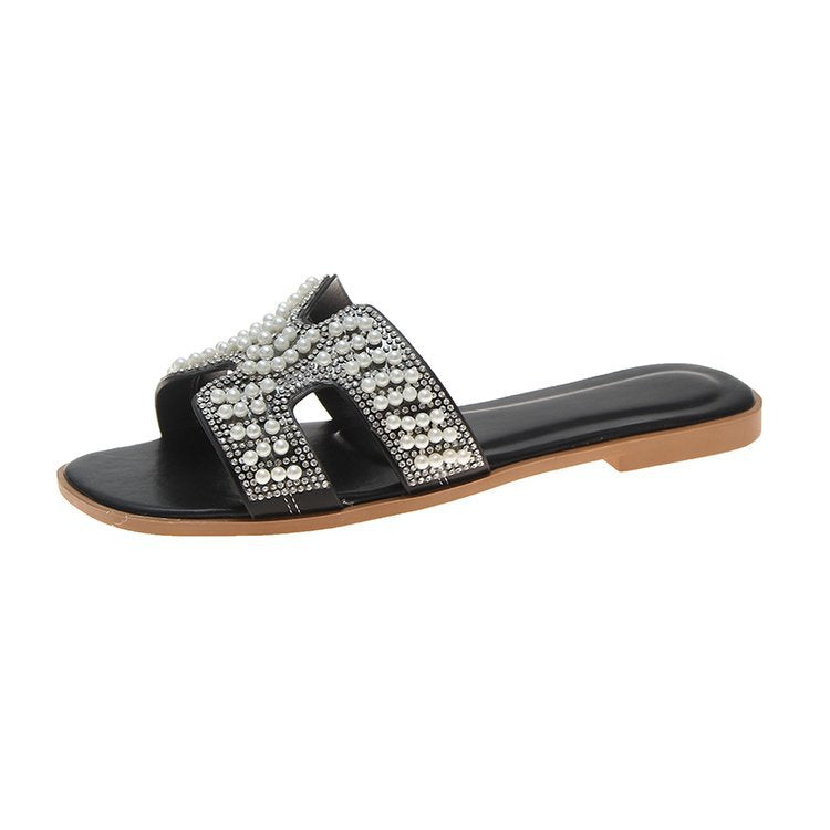 2025 summer new women's slippers flat-bottomed casual sandals pearl women's tide slippers Internet celebrity outer sandals
