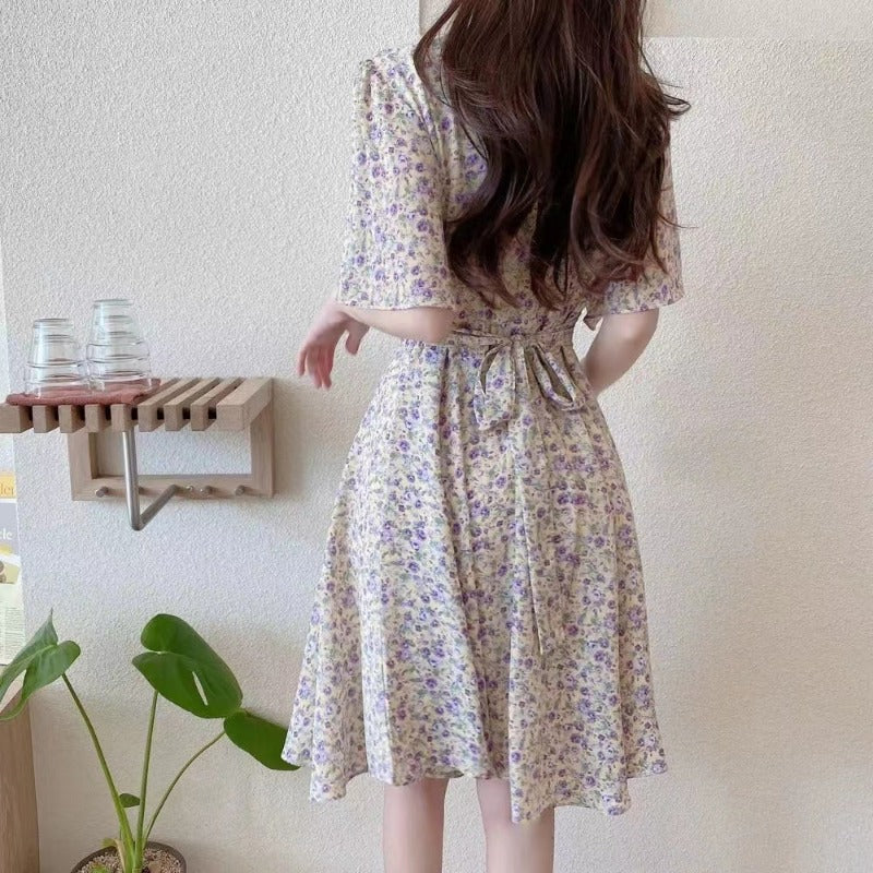 Floral dress women's summer 2025 new waist short-sleeved super fairy thin French first love lisianthus skirt