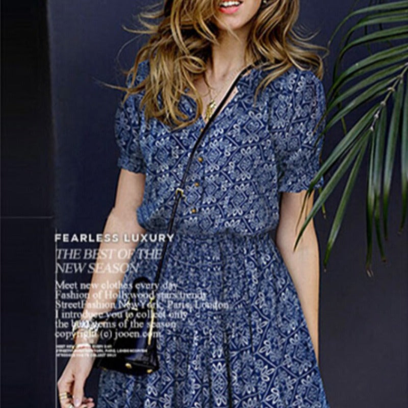 New short-sleeved printed cotton casual versatile V-neck dress