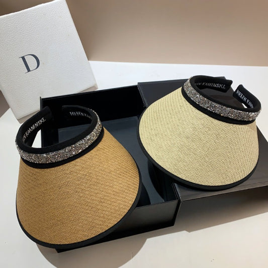 Summer vinyl straw double-layer sunscreen empty top hat fashionable and simple rhinestone fine flash trendy sunshade topless cap
