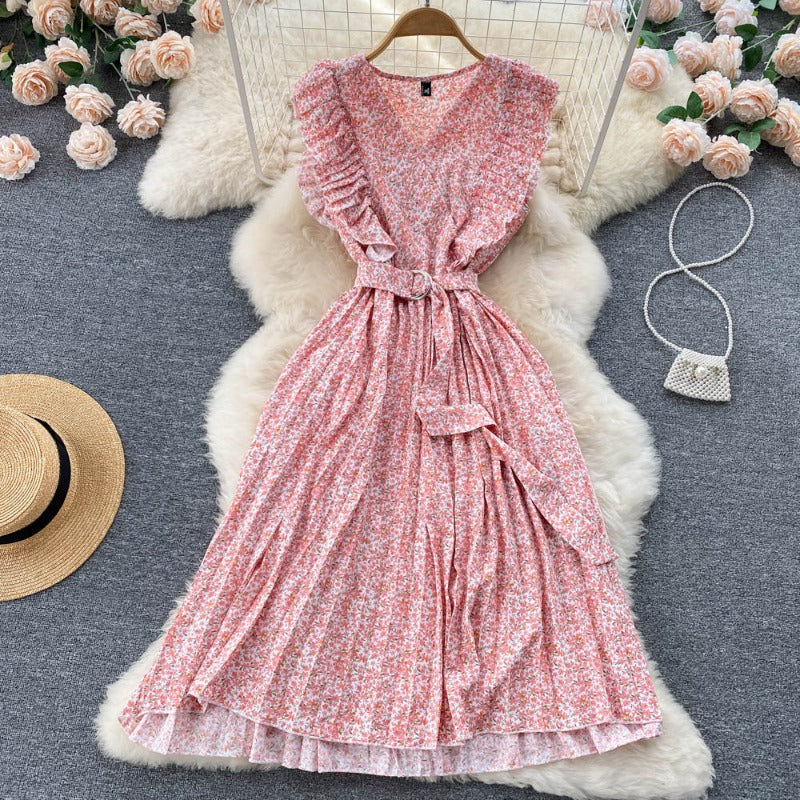 Summer Korean fungus edge girl retro sweet small fresh floral dress space-up waist pleated skirt