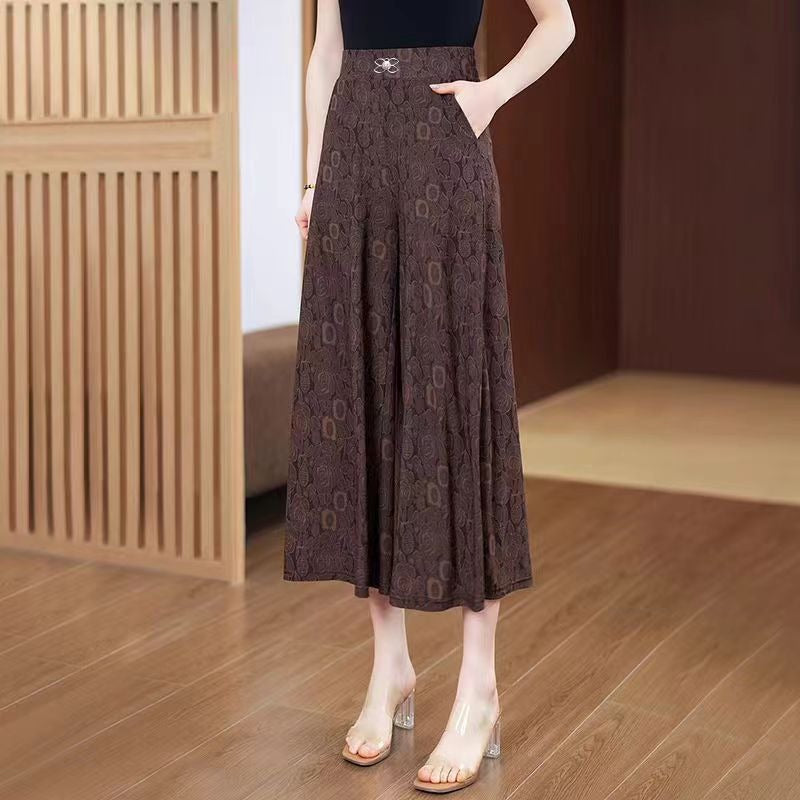 Summer middle-aged and elderly national style women's pants new wide-leg pants women's high waist and thin large size loose casual pants mother culottes