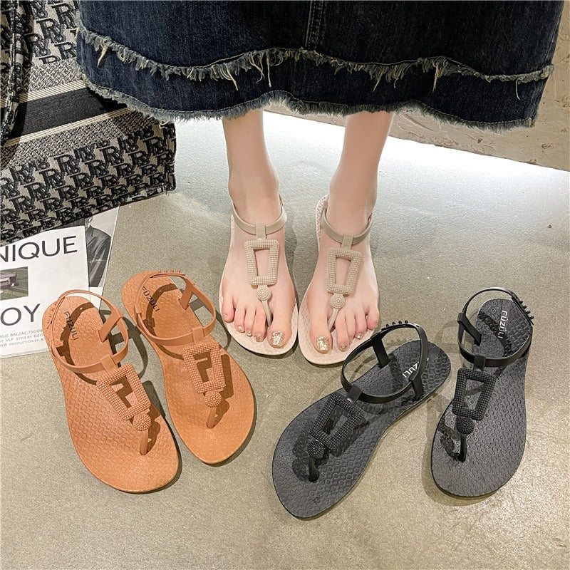 Roman sandals women's summer outer wear new Korean version fashion one-word buckle strap student non-slip flat-bottomed cool slippers