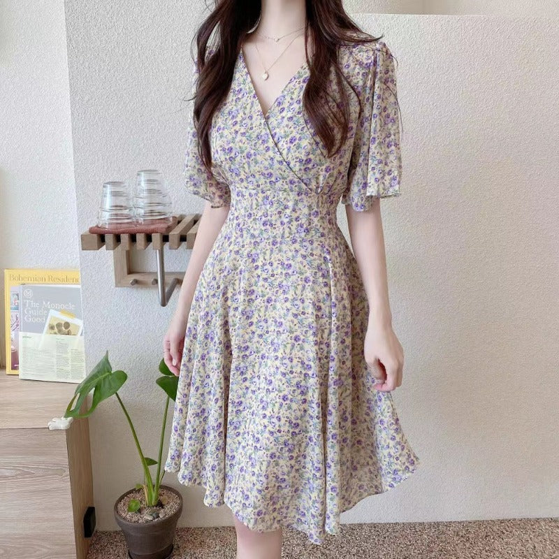 Floral dress women's summer 2025 new waist short-sleeved super fairy thin French first love lisianthus skirt