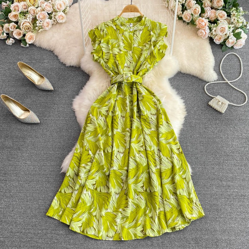 Gentle wind stand-up collar waist and thin printed A-word big pendulum dress 2025 summer high waist elegant temperament long dress