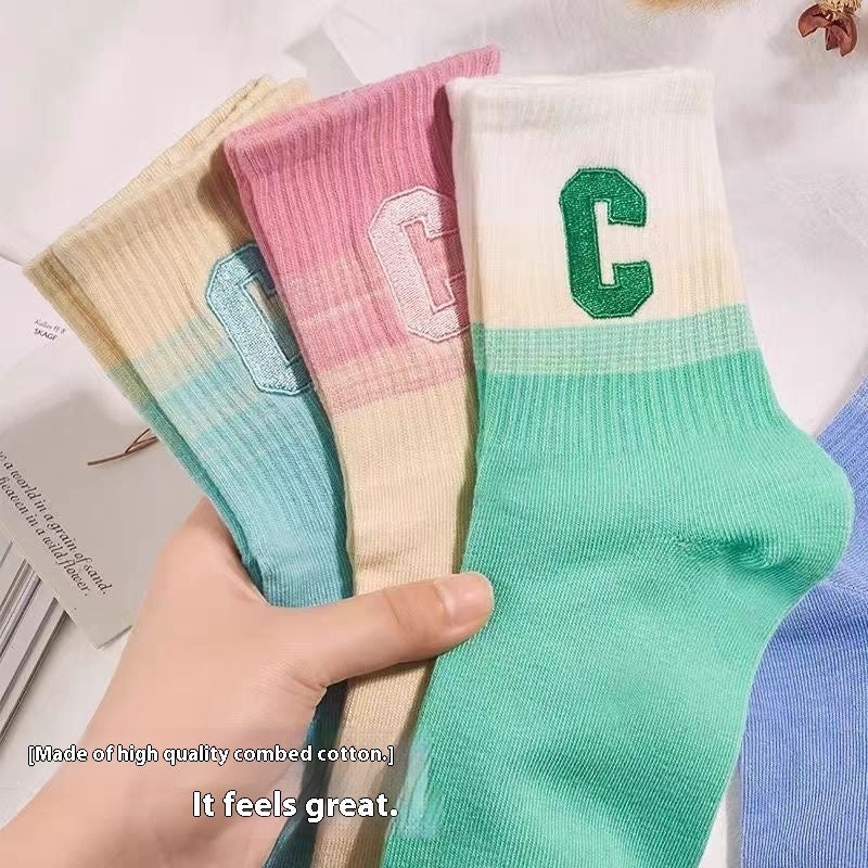 Socks women's spring new media tube gradual change large C letter dopamine sweat-absorbing breathable casual sports socks