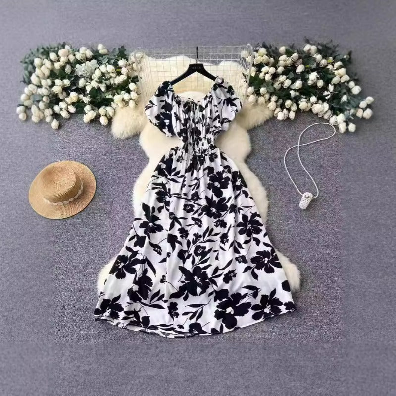 Coffee Break French Retro Crew Neck Lace-Up Bubble Sleeve Waist Printed Dress Women's Skinny Temperament Over Knee Medium Dress