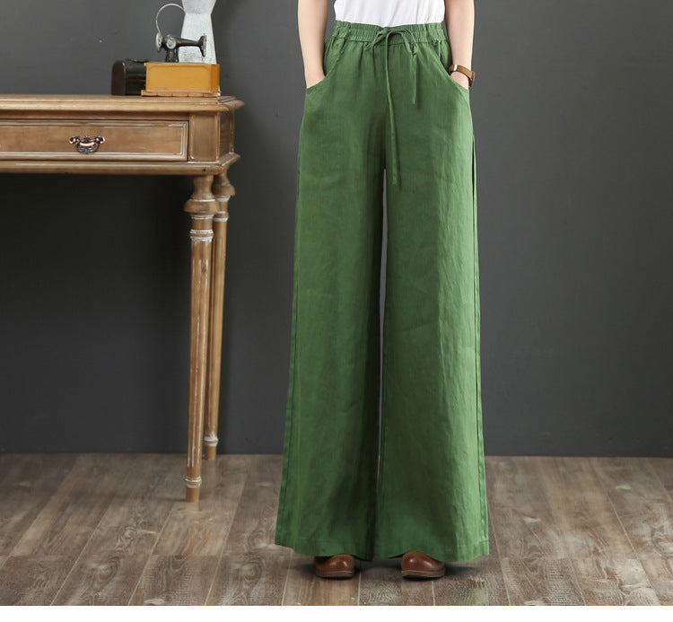 Literary cotton and linen women's pants high-waisted mopping pants straight trousers linen pants loose large size wide-leg pants