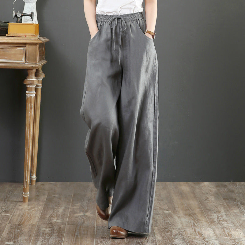 Literary cotton and linen women's pants high-waisted mopping pants straight trousers linen pants loose large size wide-leg pants