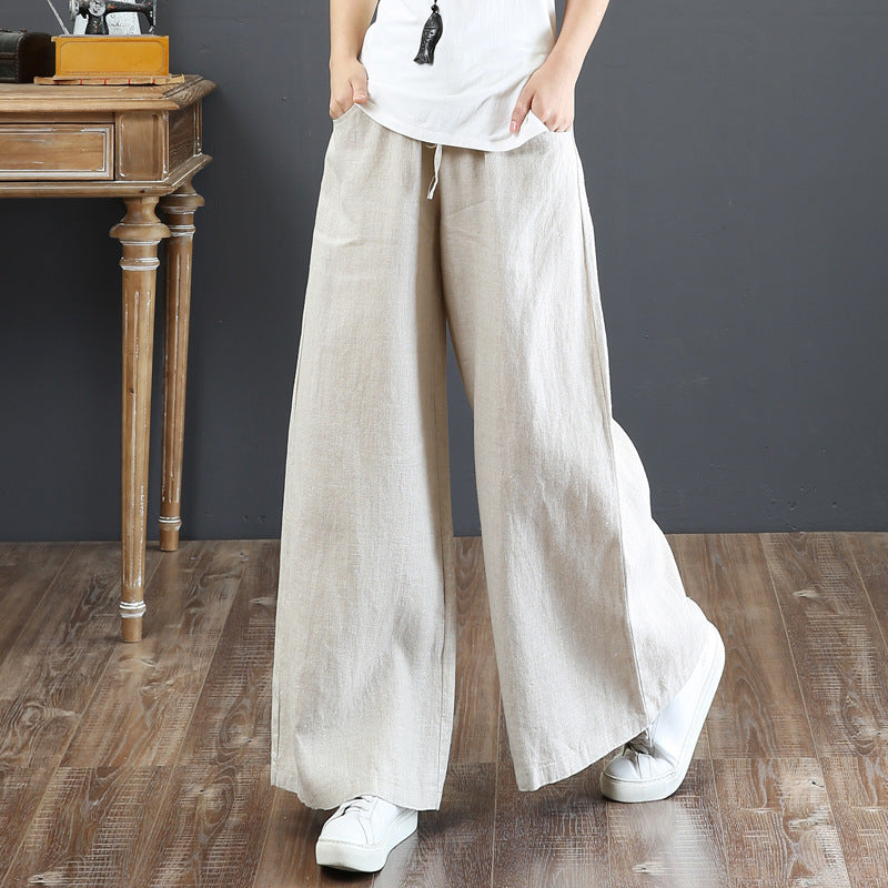 Literary cotton and linen women's pants high-waisted mopping pants straight trousers linen pants loose large size wide-leg pants