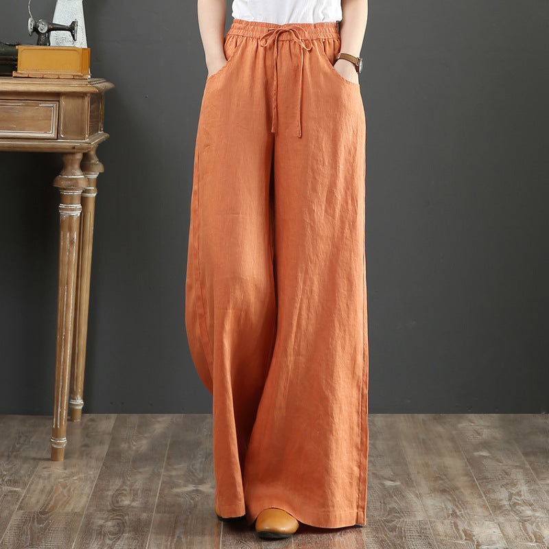 Literary cotton and linen women's pants high-waisted mopping pants straight trousers linen pants loose large size wide-leg pants
