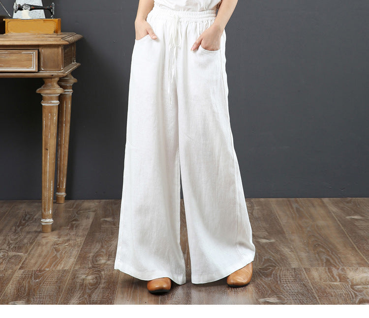 Literary cotton and linen women's pants high-waisted mopping pants straight trousers linen pants loose large size wide-leg pants