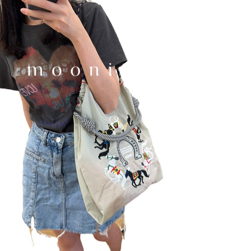 Japanese homemade eco-friendly shopping bag Nylon cloth embroidered flower portable canvas bag Nylon shopping bag