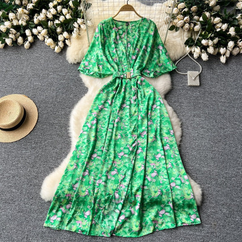 Summer new European and American style niche light luxury retro collar waist thin big swing split printing dress