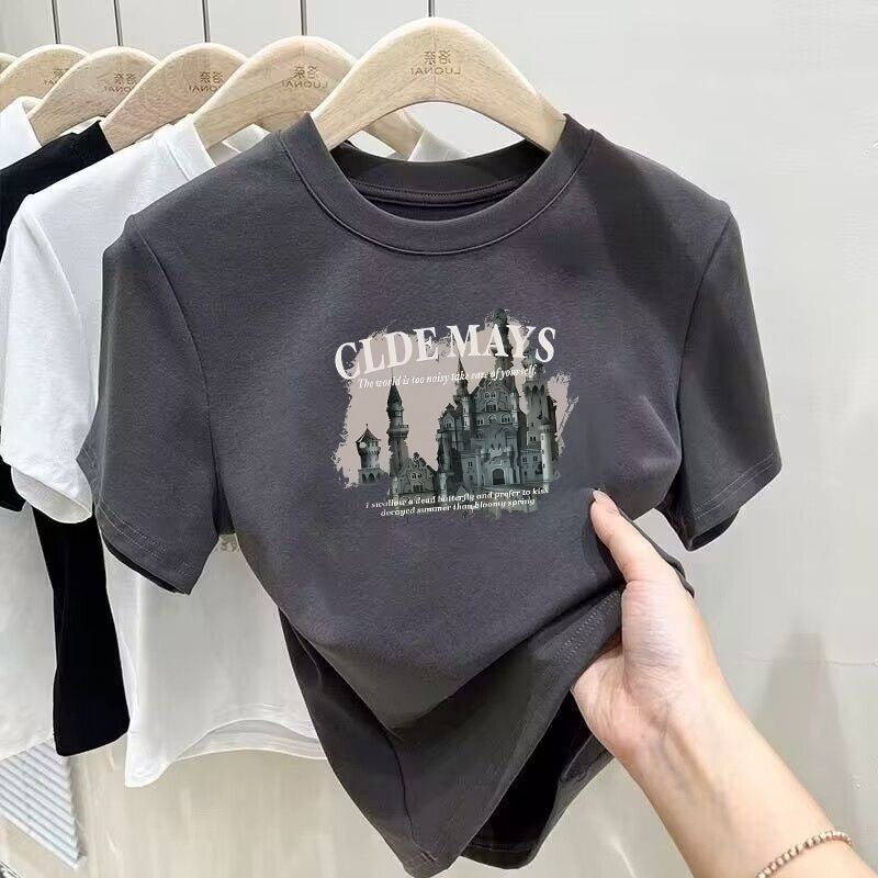 Cotton design round neck printed short-sleeved shirt for women summer slim fit all-match tops