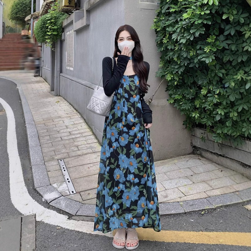 2025 new French seaside vacation dress texture high sense blue color sleeveless suspender dress women's summer