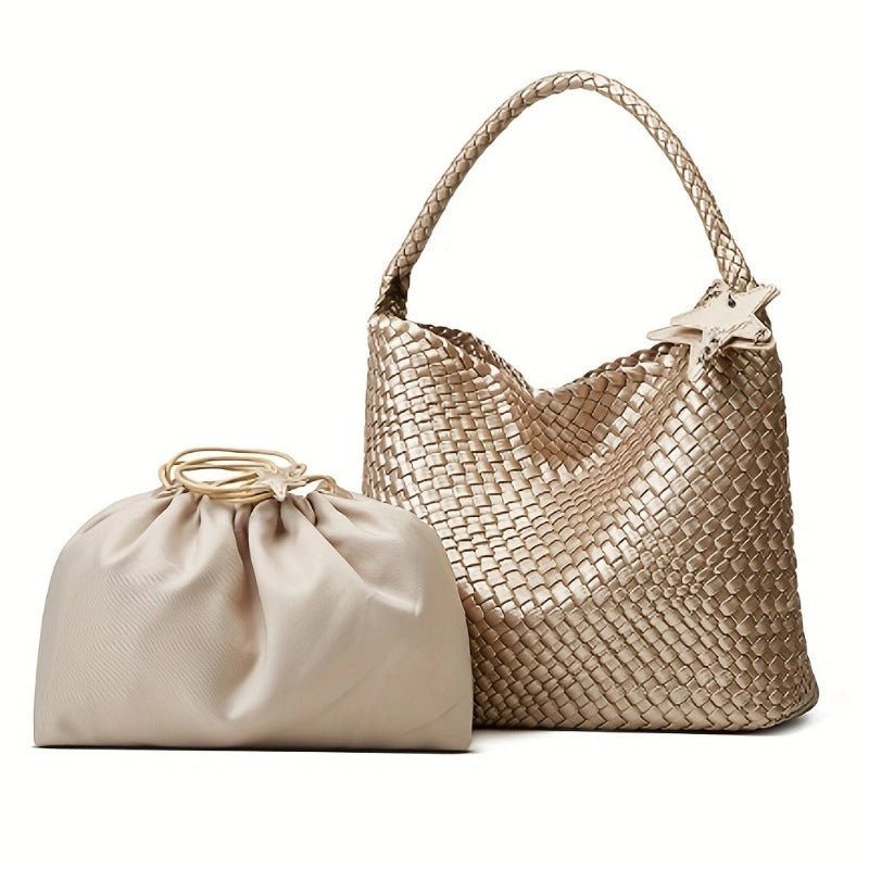 Champagne 2025 super fire woven tote bag women's large-capacity large bag high-end sense portable shoulder bucket bag