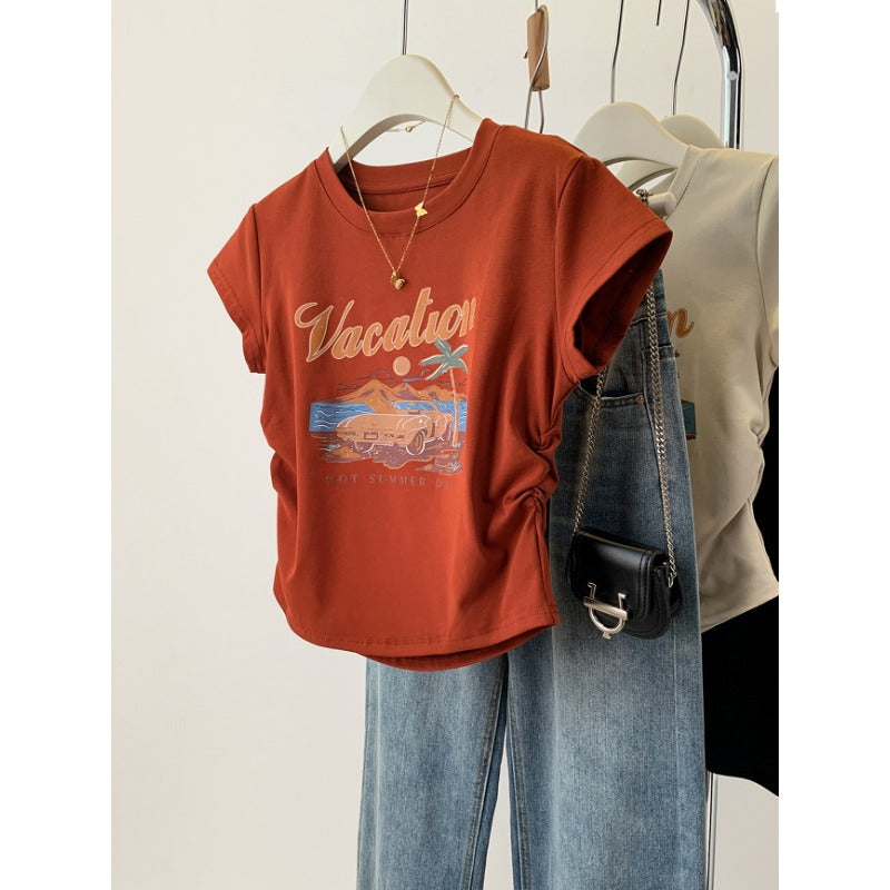 Pure cotton American retro print front shoulder short-sleeved t-shirt women's summer spice slim and thin pleated short top ins