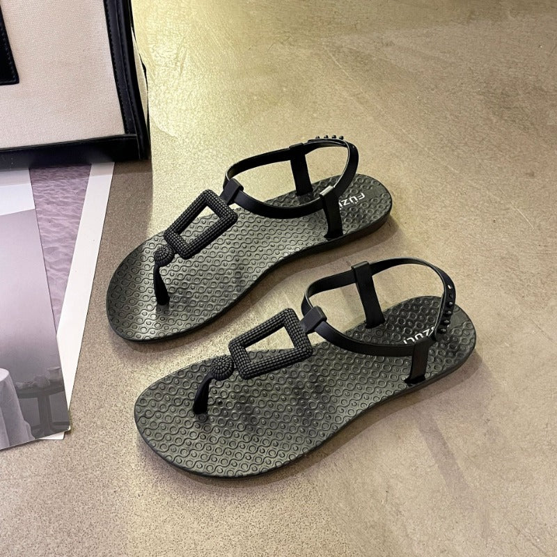 Roman sandals women's summer outer wear new Korean version fashion one-word buckle strap student non-slip flat-bottomed cool slippers