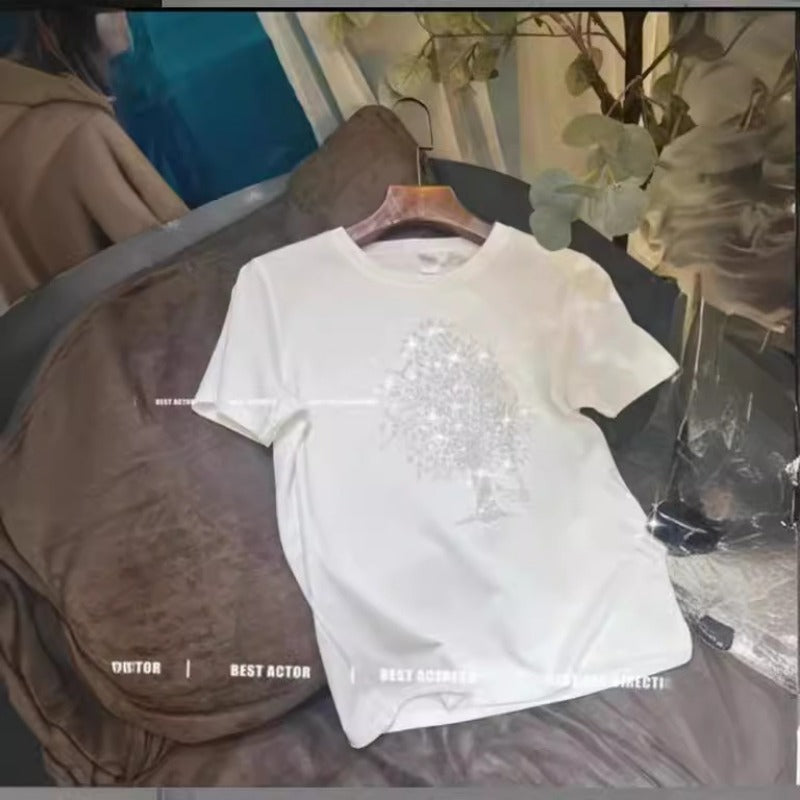 Combed cotton hot diamond short-sleeved T-shirt women's 2025 new versatile t-shirt summer loose and thin round neck foreign style top