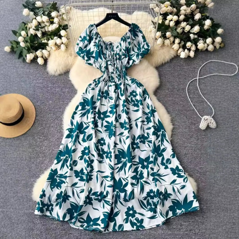 Coffee Break French Retro Crew Neck Lace-Up Bubble Sleeve Waist Printed Dress Women's Skinny Temperament Over Knee Medium Dress