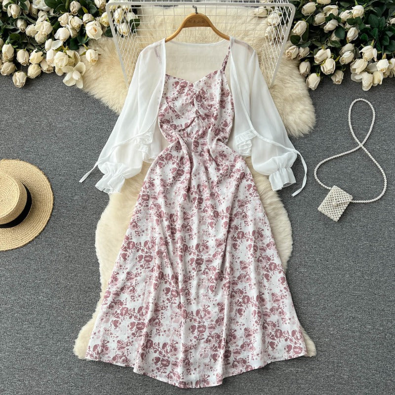 French retro age-reducing bell-covering and thin floral suspender dress chiffon shawl jacket sweet temperament two-piece set