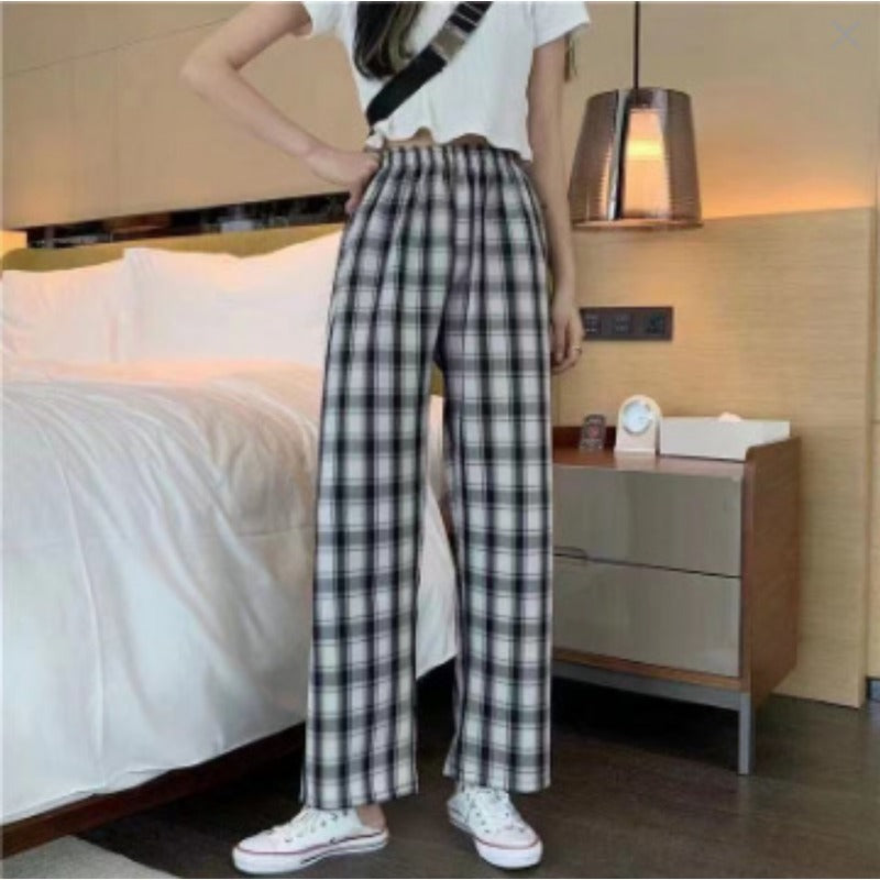 Thin plaid pants women's spring draped straight pants pink loose small pajama pants high waist plaid wide leg pants