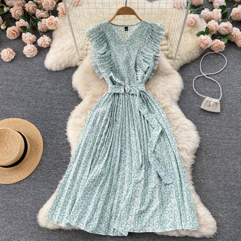Summer Korean fungus edge girl retro sweet small fresh floral dress space-up waist pleated skirt