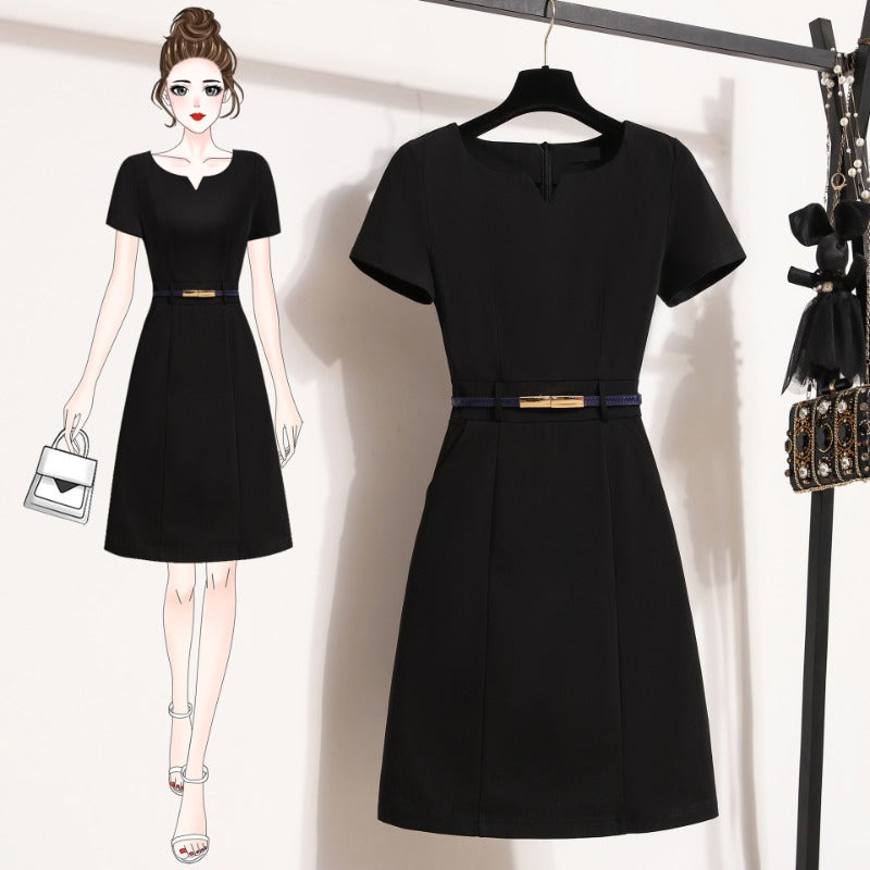 Professional suit skirt temperament V-neck beauty jewelry sales work clothes A-word black waist dress