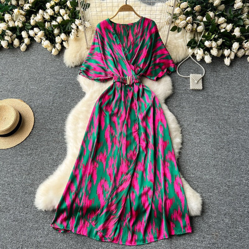 Summer new European and American style niche light luxury retro collar waist thin big swing split printing dress