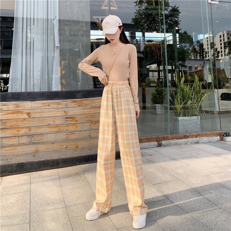 Thin plaid pants women's spring draped straight pants pink loose small pajama pants high waist plaid wide leg pants