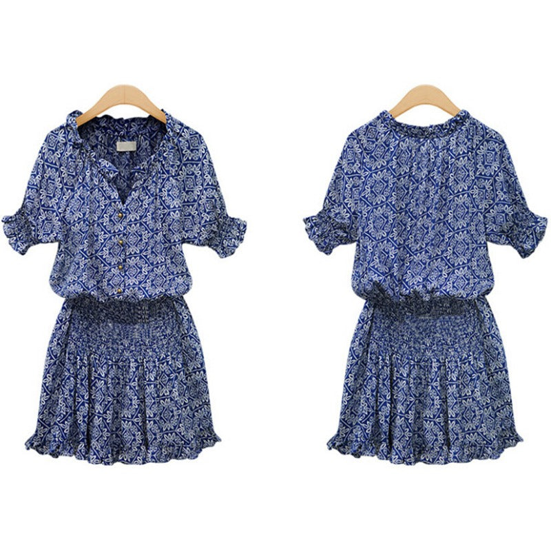 New short-sleeved printed cotton casual versatile V-neck dress