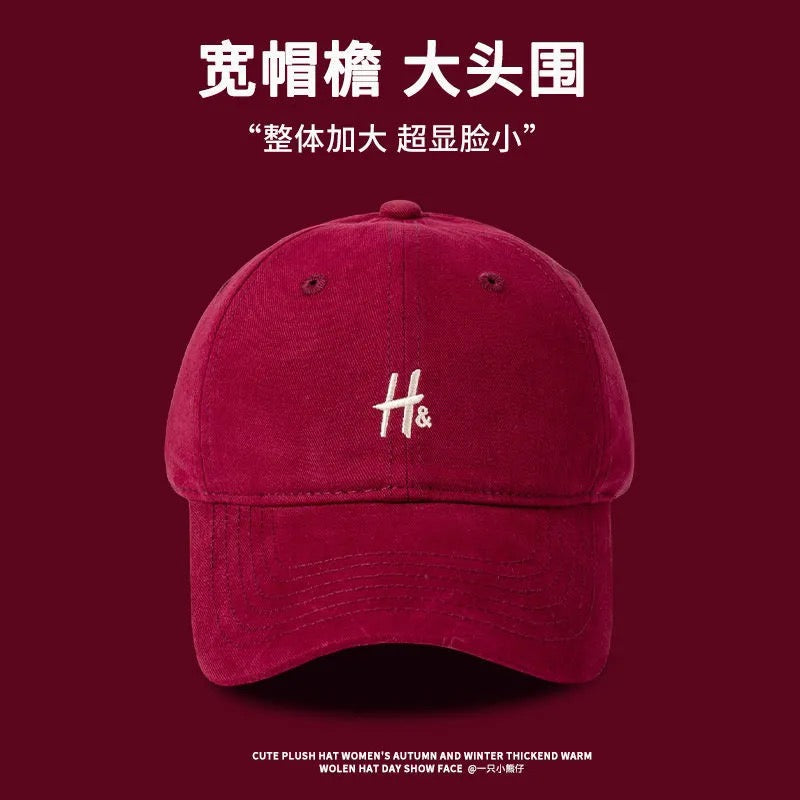 Raspberry powder 2025 new model with big head circumference and small face H letter baseball caps for men and women