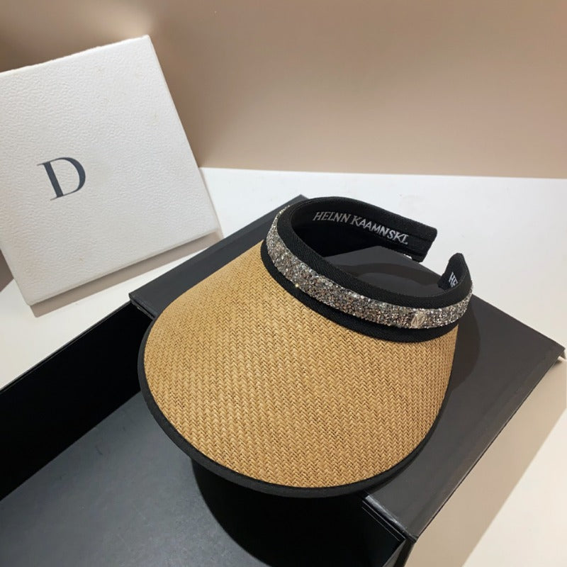Summer vinyl straw double-layer sunscreen empty top hat fashionable and simple rhinestone fine flash trendy sunshade topless cap
