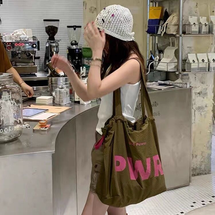 Ins Lazy Wind French Bag Women's Drawstring Large Capacity Portable Shoulder Bag Letter Out Shopping Bag Tote Bag