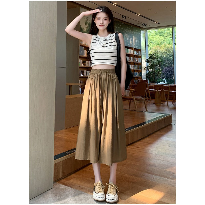 New seven-point pants skirt simple and fashionable solid color versatile loose pleated lazy wind mountain pants summer thin women's tide