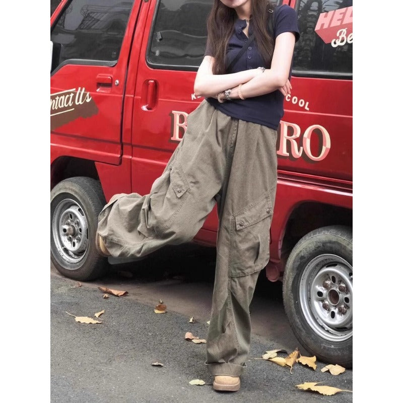 American hip-hop wide-leg overalls jeans women's pleated high-waisted loose straight mopping denim overalls