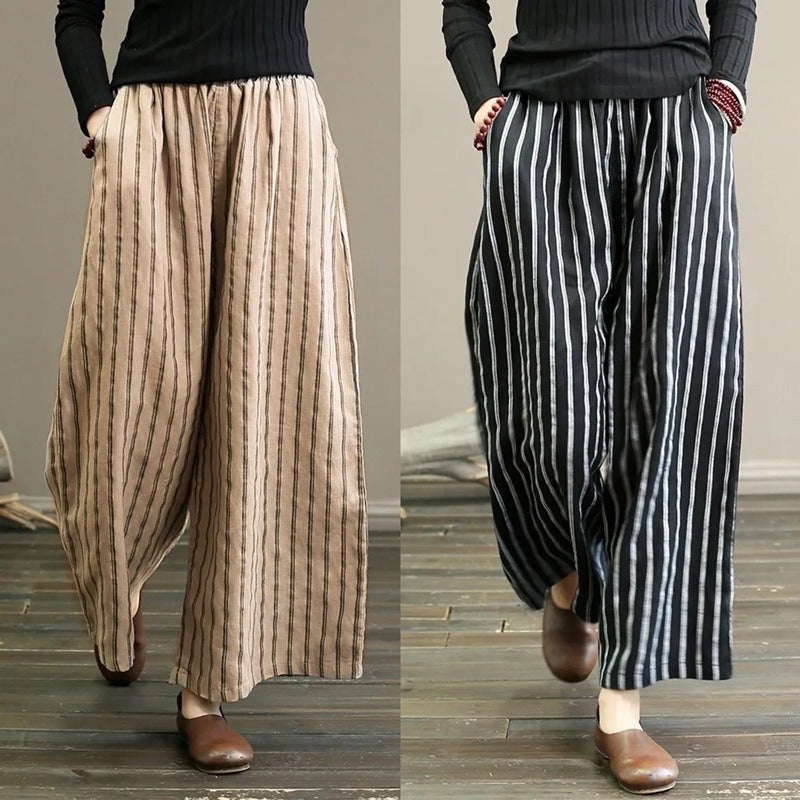 Literary cotton and linen striped wide-leg pants summer 2025 new women's large size thin and draped casual straight nine-point pants tide