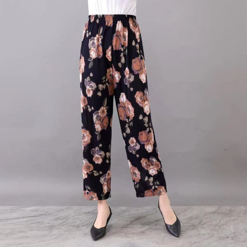 Summer wholesale women's middle-aged and elderly casual loose elastic ice silk pants breathable and fattened mother nine-point pants