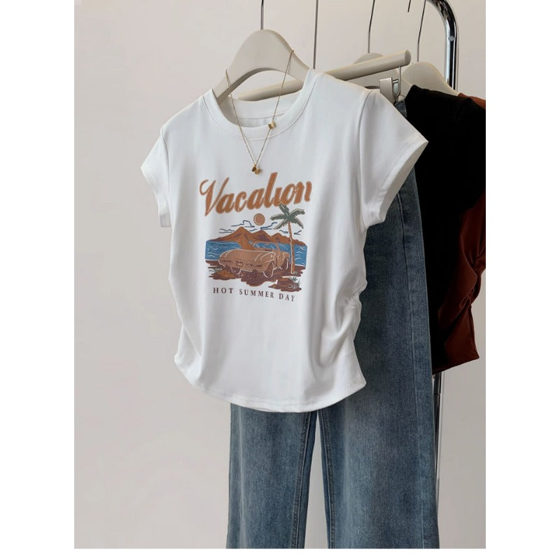 Pure cotton American retro print front shoulder short-sleeved t-shirt women's summer spice slim and thin pleated short top ins