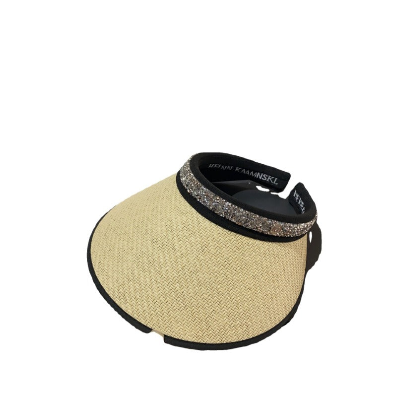 Summer vinyl straw double-layer sunscreen empty top hat fashionable and simple rhinestone fine flash trendy sunshade topless cap