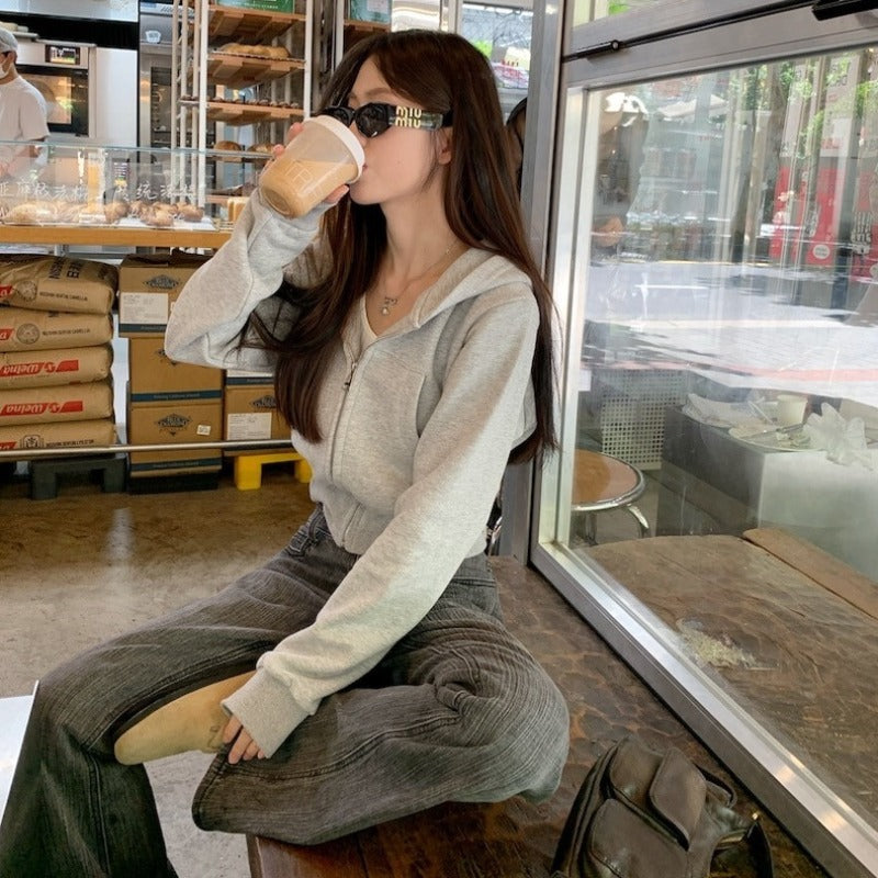 Grey hooded sweater jacket women's early spring 2025 new zipper cardigan short top